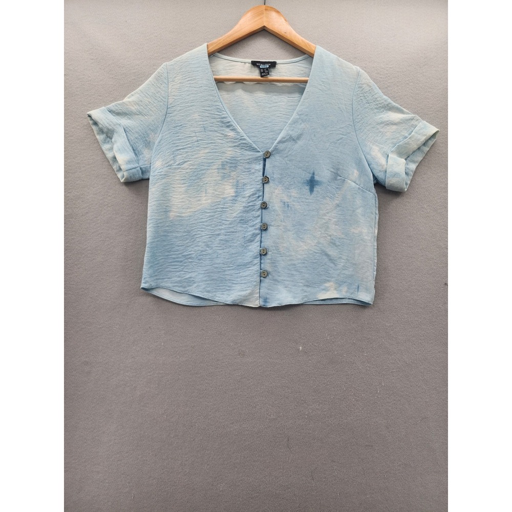 New Look Blue Tie Dye Crop Top Button Front V-Neck Short Sleeve Blouse Size 8